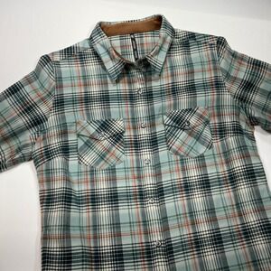 Plaid Flannel Shirt Corduroy Trim Button Up Collared Long Sleeve Green